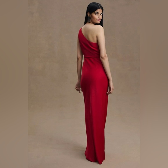 BHLDN Dylan One Shoulder Satin Side Slit Midi Dress Red - Picture 2 of 4